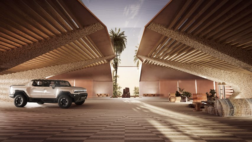 Virtual garage designed by Kelly Wearstler for LeBron James's electric Hummer