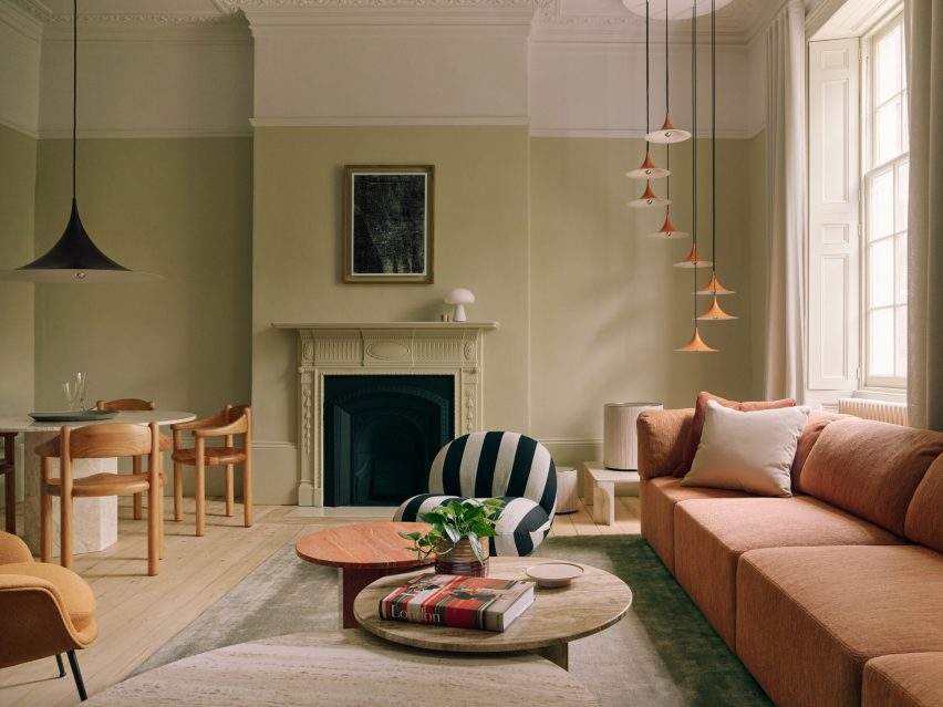 First floor of Gubi House London with pale green walls