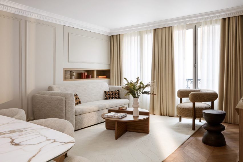 Living room with a neutral palette and contemporary furniture