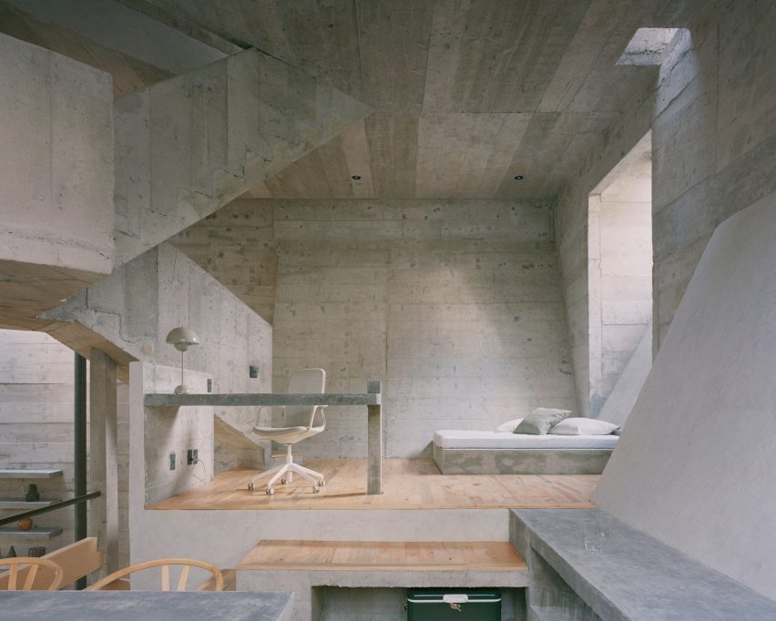 Bedroom in brutalist home