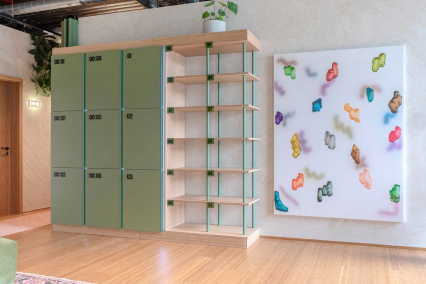 Green lockers in a hotel lobby