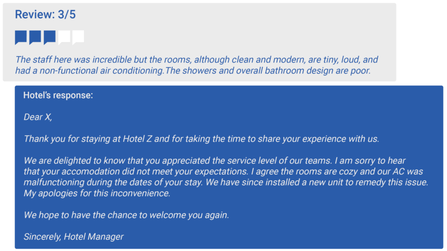 An example of a 3-star negative guest review: The staff here was incredible but the rooms, although clean and modern, are tiny, loud, and had a non-functional air conditioning. The showers and overall bathroom design are poor.  Hotel’s response:  Dear X, Thank you for staying at Hotel Z and for taking the time to share your experience with us. We are delighted to know that you appreciated the service level of our teams. I am sorry to hear that your accomodation did not meet your expectations. I agree the rooms are cozy and our AC was malfunctioning during the dates of your stay. We have since installed a new unit to remedy this issue. My apologies for this inconvenience. . We hope to have the chance to welcome you again. Sincerely, Hotel Manager