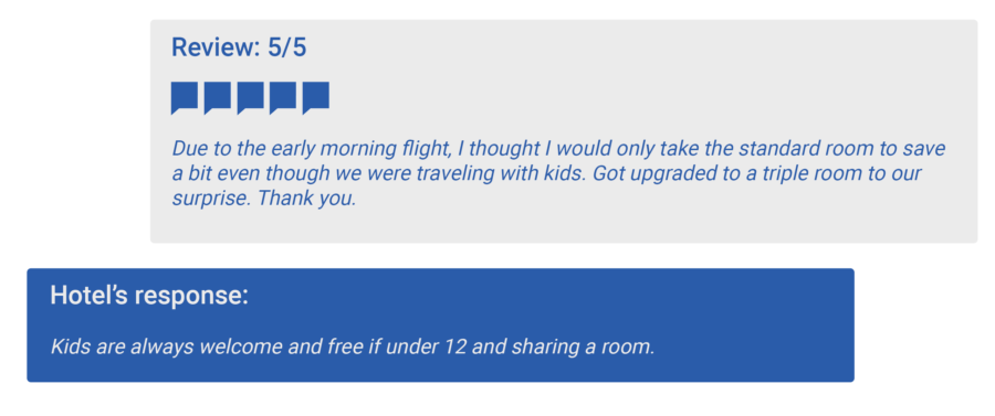 An example of a positive 5-star review: Due to the early morning flight, I thought I would only take the standard room to save a bit even though we were traveling with kids.. Got upgraded to a triple room to our surprise. Thank you.  Hotel’s response  Kids are always welcome and free if under 12 and sharing a room.