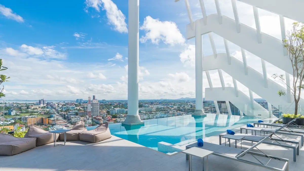 Rooftop infinity pool with a panorama view over Bangkok.