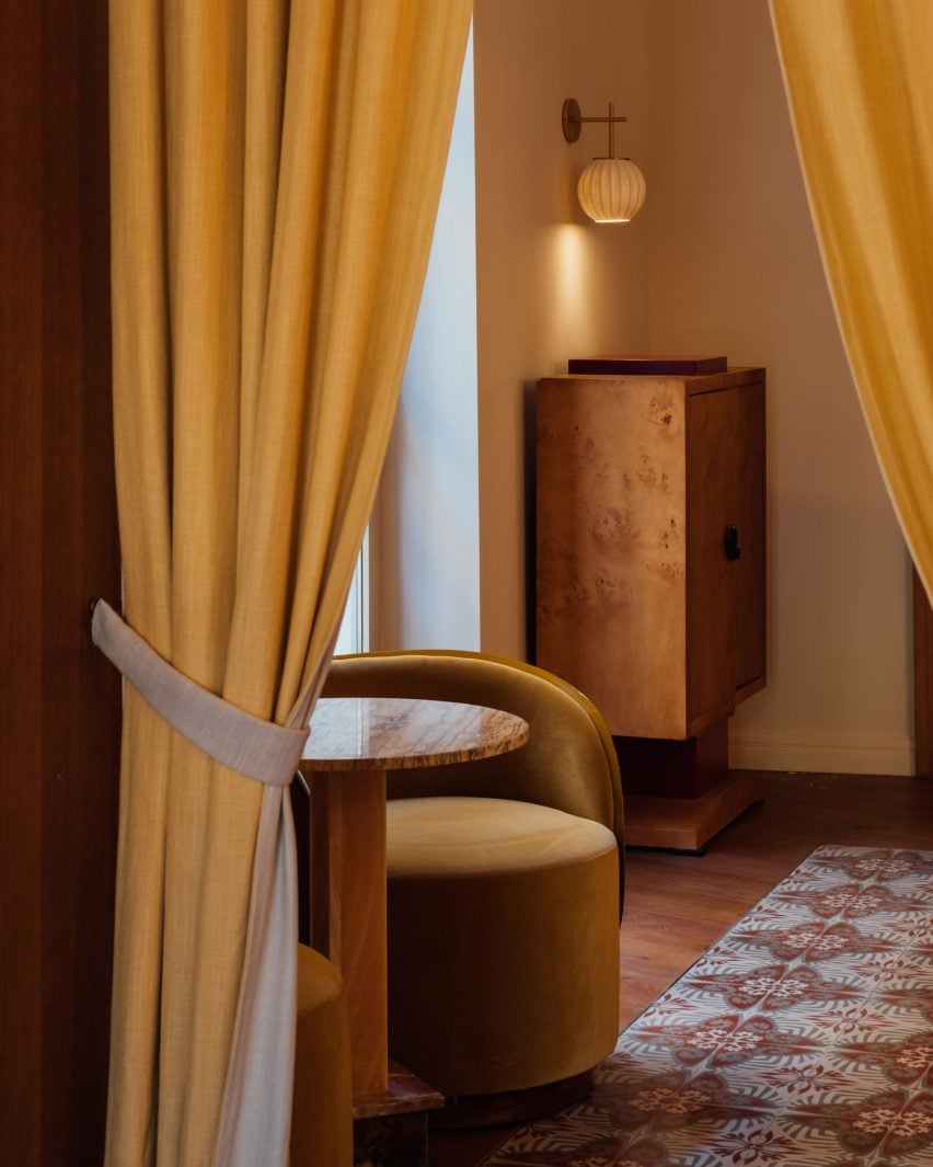 hallway with yellow curtain