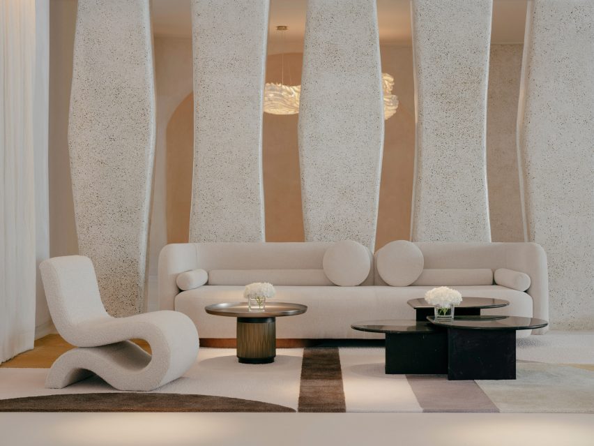 Sculptural furniture forms lounge area in Mondrian Ibiza lobby