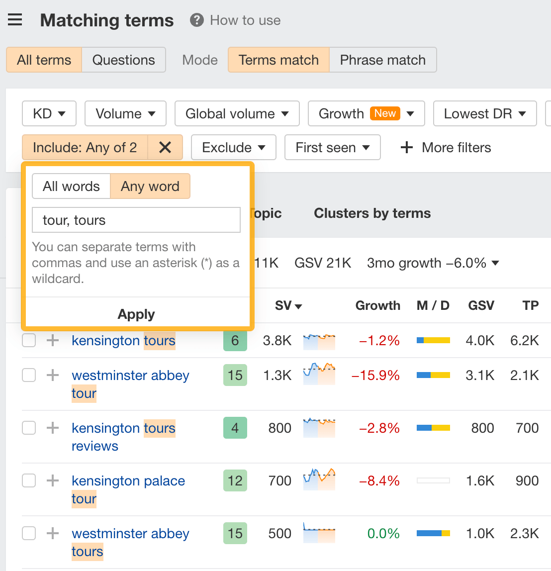 Using the Include filter to search for 