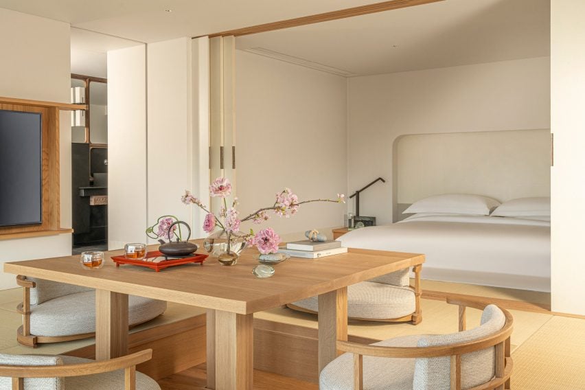 Tatami seating area and bed on Gensui floor of Four Seasons Osaka hotel