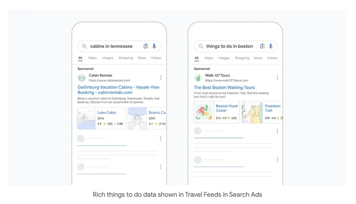 Rich things to do data shown in travel feeds in search ads