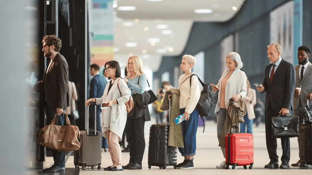 A long line of frustrated people with their suitcases and bags.