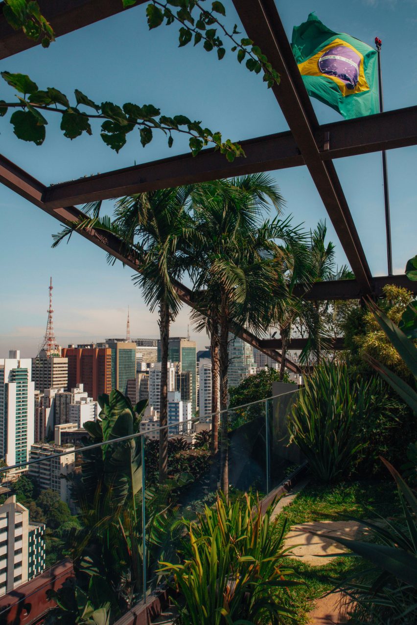 Verdant roof terrace with views over São Paulo