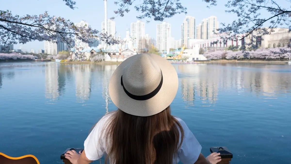 A lady wearing a big white hat seen from the back enjoying the view of a big lake with blooming trees and the skyline of Seoul.