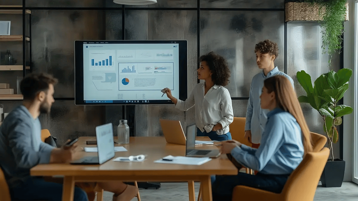 A team of young professionals looking at data with one lady presenting at a table.