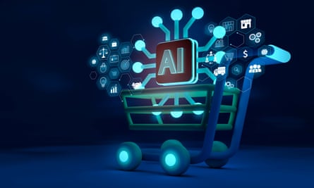 Illustration of a stylised computer chip loabelled ‘AI’ placed in a stylised shopping trolley