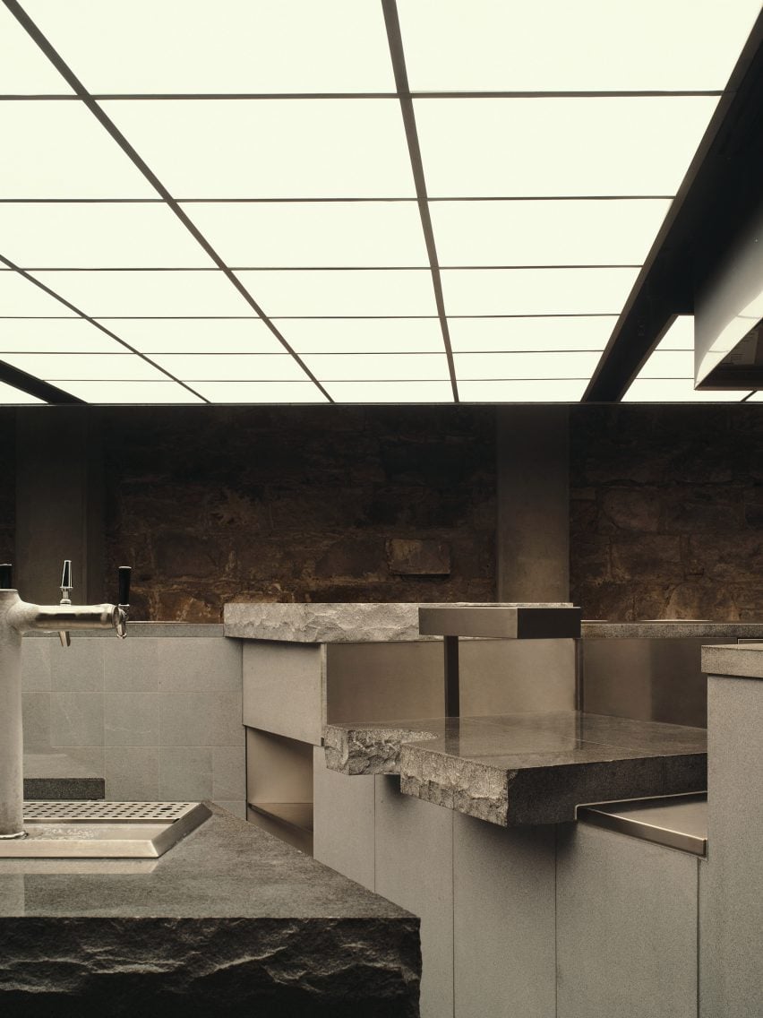 Counters and ceiling light grid in Central restaurant