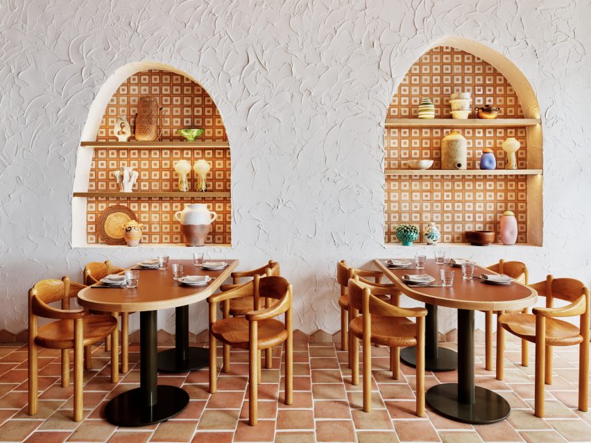 Terracotta pavers and arches cut into white stucco walls