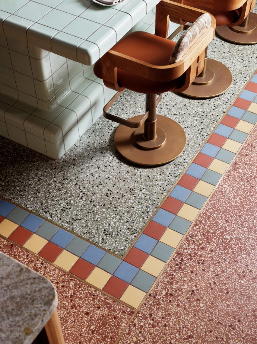 Colourful red and green terrazzo floors