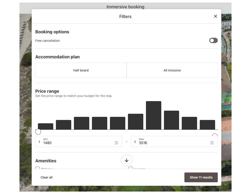 mirai 3D booking engine dynamic filters