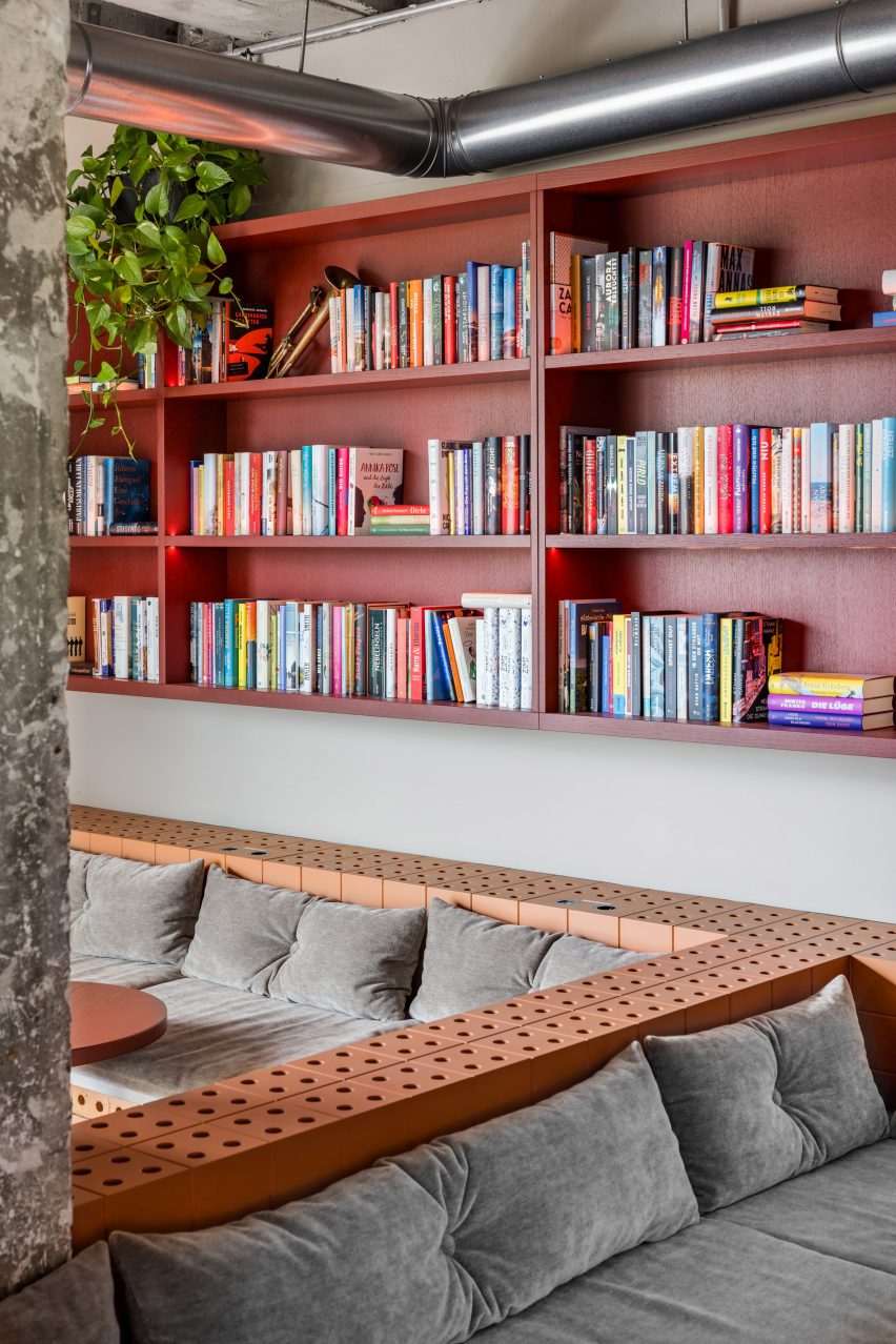 Brick seating area in lounge of 25hours Hotel Bikini Berlin