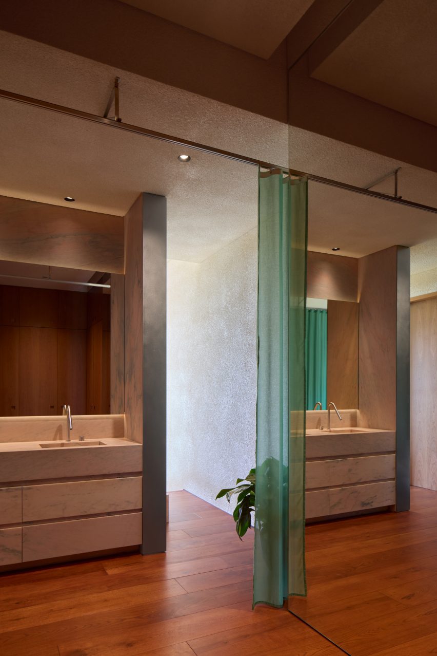 Chunky pink double vanity in Dubai apartment