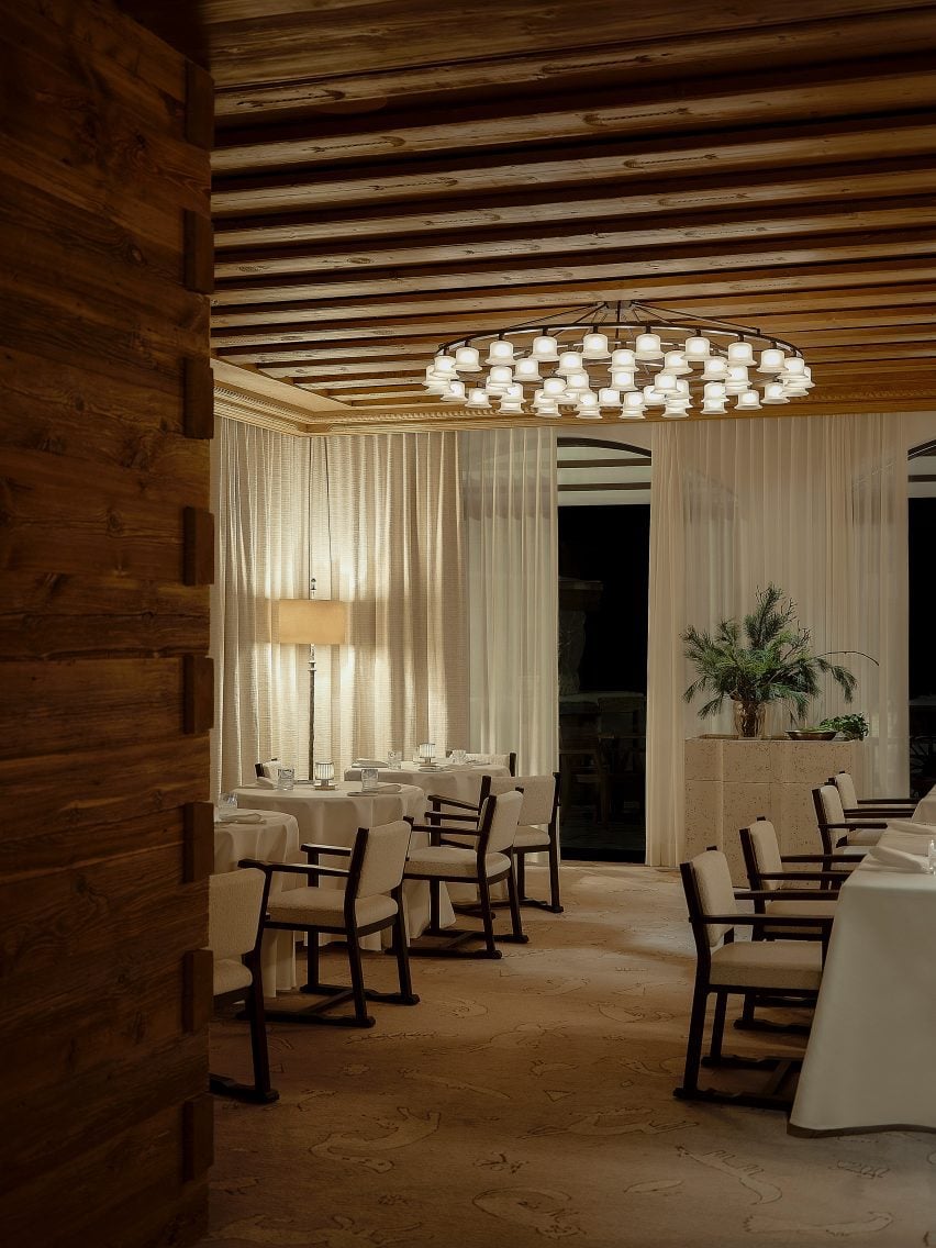 Glass chandelier in restaurant