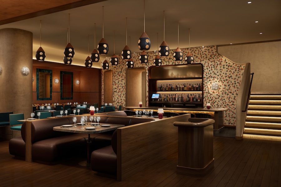 kimpton era midtown new york cellar staircase polka dot light pendant booth rounded banquette seating