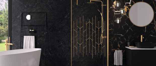 KINEDO Solo Design + walk in with Art Deco Glass, black marble Kinewall-for HIX