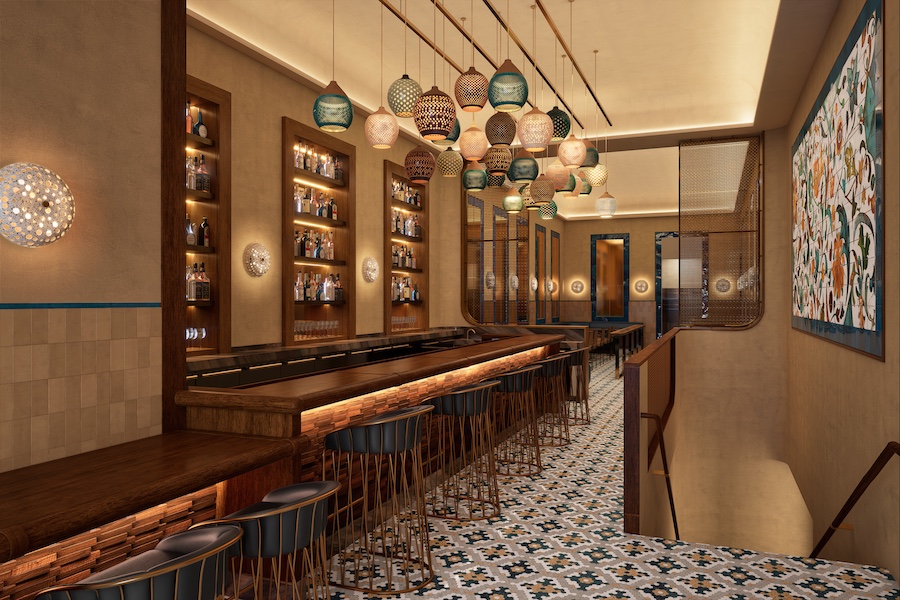 kimpton era midtown new york restaurant patterned mosaic flooring blue white pendant lights