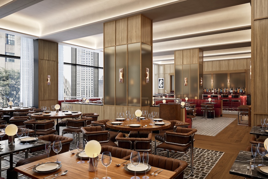 kimpton era midtown new york restaurant red banquettes brown leather seats