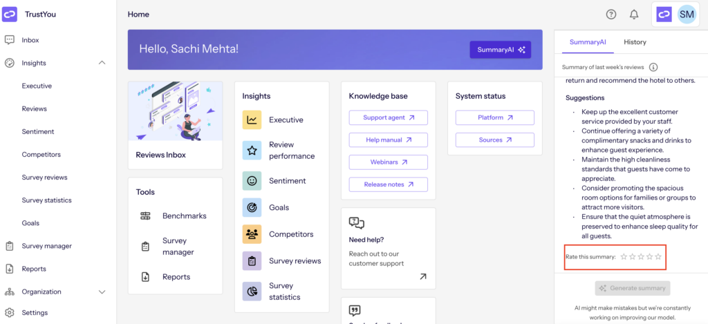 Screenshot shows TrustYou's SummaryAI tool seamlessly integrated in the CXP.