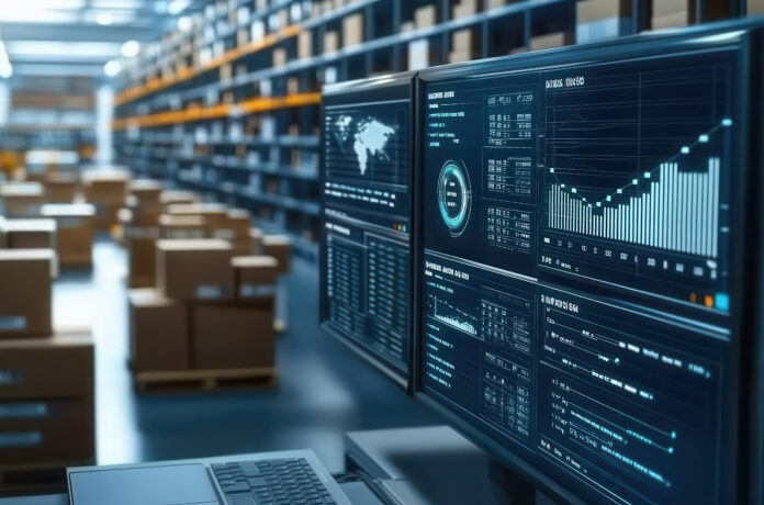 Organized inventory with dynamic stock updates displayed on screens, live inventory tracking, real-time logistics