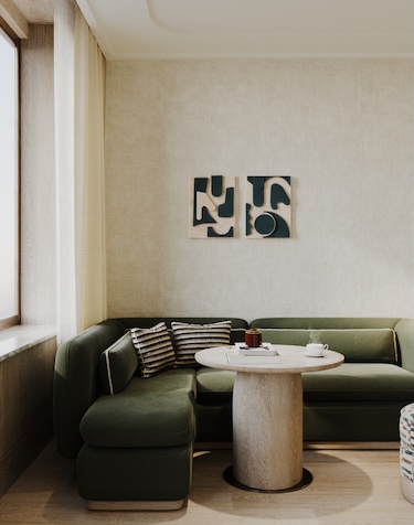 six senses milan suite green velvet sofa black and white wall art pedestal side table