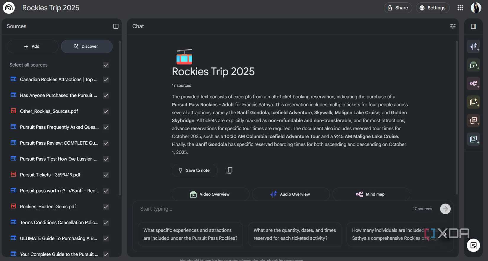 Screenshot of Notebook LM for Rockies Trip planning