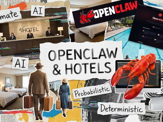 collage of various hotel and IT elements with text about Openclaw & Hotels