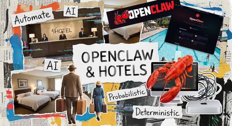 collage of various hotel and IT elements with text about Openclaw & Hotels