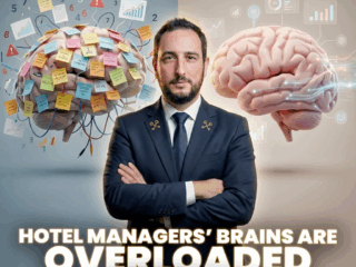 Tony Loeb standing in front of a brain and a lot of post it notes. Cover image for the podcast with LodgIQ discussing Generative AI in hotels.