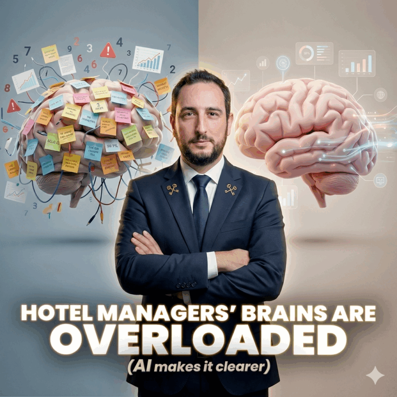 Tony Loeb standing in front of a brain and a lot of post it notes. Cover image for the podcast with LodgIQ discussing Generative AI in hotels.