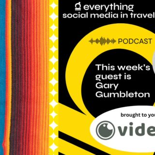 Left: colorful striped textile; right: travel podcast promo with yellow circles, 'Everything social media in travel,' 'This week's guest is Gary Gumbleton,' and a circular headshot of a bearded man wearing a hat.