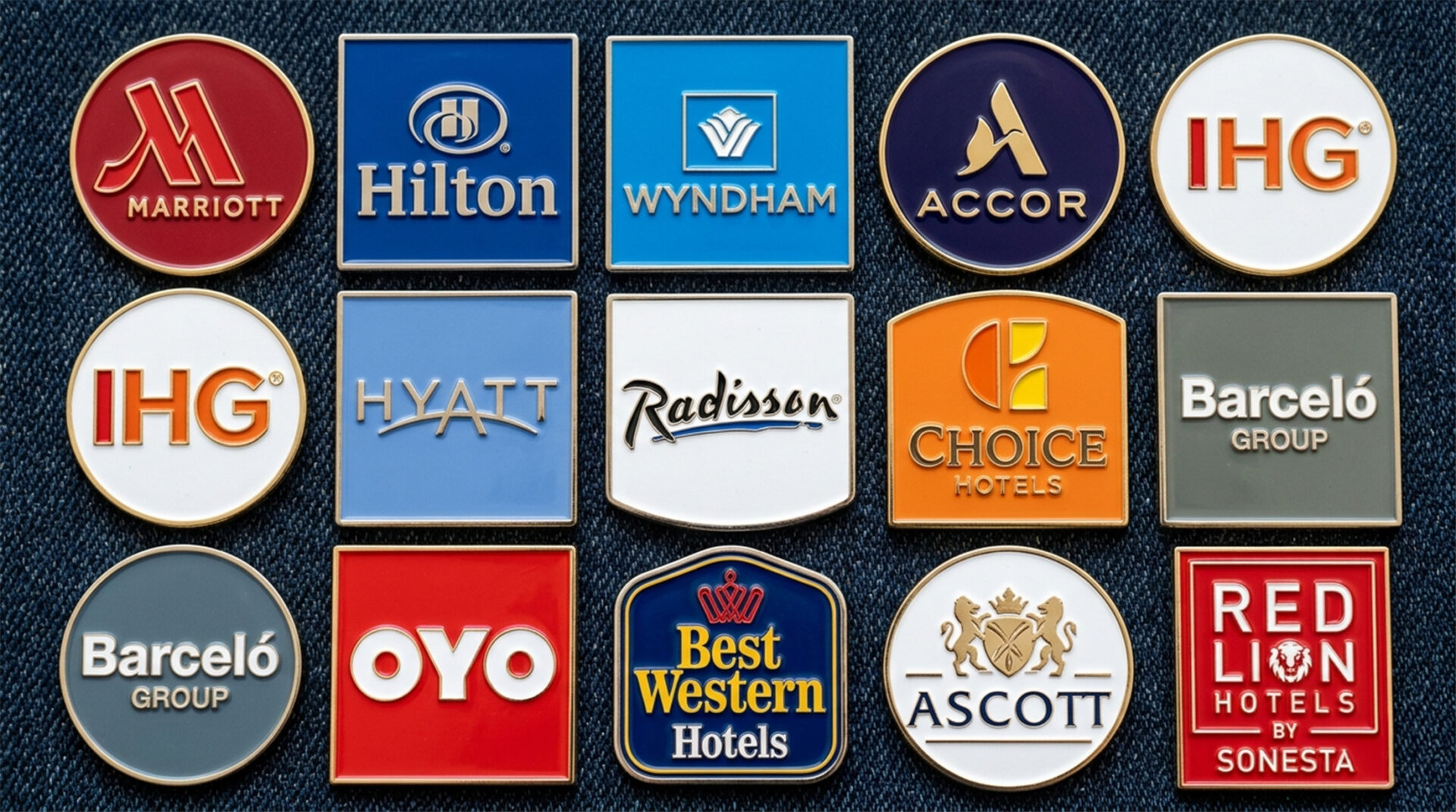 ai generated image of enamel pins with the logos of the largest hotel brands of the world
