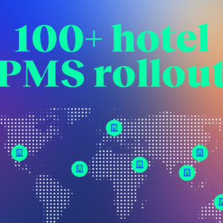 Headline graphic: '100+ hotel PMS rollout' over a gradient background with a dotted world map and teal circular icons for hotels. ILLUSTRATIVE infographic.