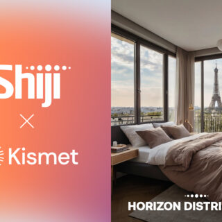 Left panel shows Shiji logo on an orange gradient; right panel features a bright bedroom with floor-to-ceiling windows and a Paris skyline including the Eiffel Tower.