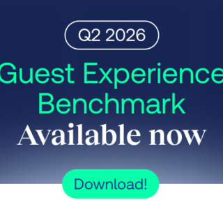 Promotional banner: Q2 2026 Guest Experience Benchmark is available now, with a bright green Download button at the bottom.