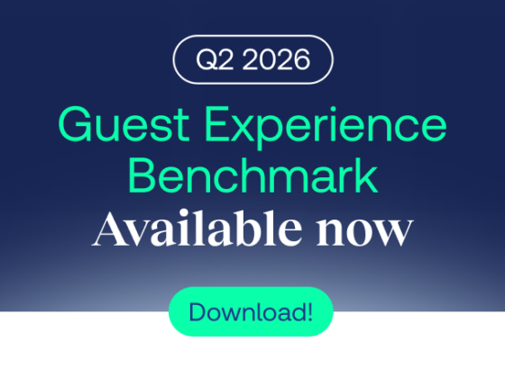 Promotional banner: Q2 2026 Guest Experience Benchmark is available now, with a bright green Download button at the bottom.