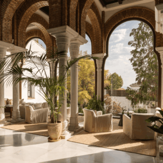 Sunlit veranda with brick arches and white marble columns, beige seating, and potted palms in a courtyard setting.