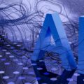 Abstract blue digital sculpture with tangled black wires and a large blue letter A and M against a grid-like background of floating shapes.