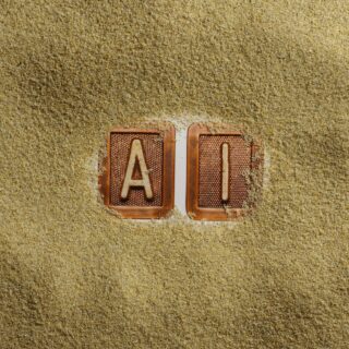 Two clay tiles with the letters A and I, partly buried in coarse sand.