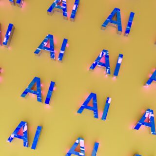 Pattern of glossy blue 3D letter A shapes on a yellow background with pink glow.