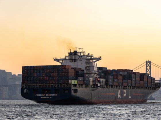 Container ship loaded with stacked shipping containers gliding on the water with a city skyline and bridge in the distance at sunset.