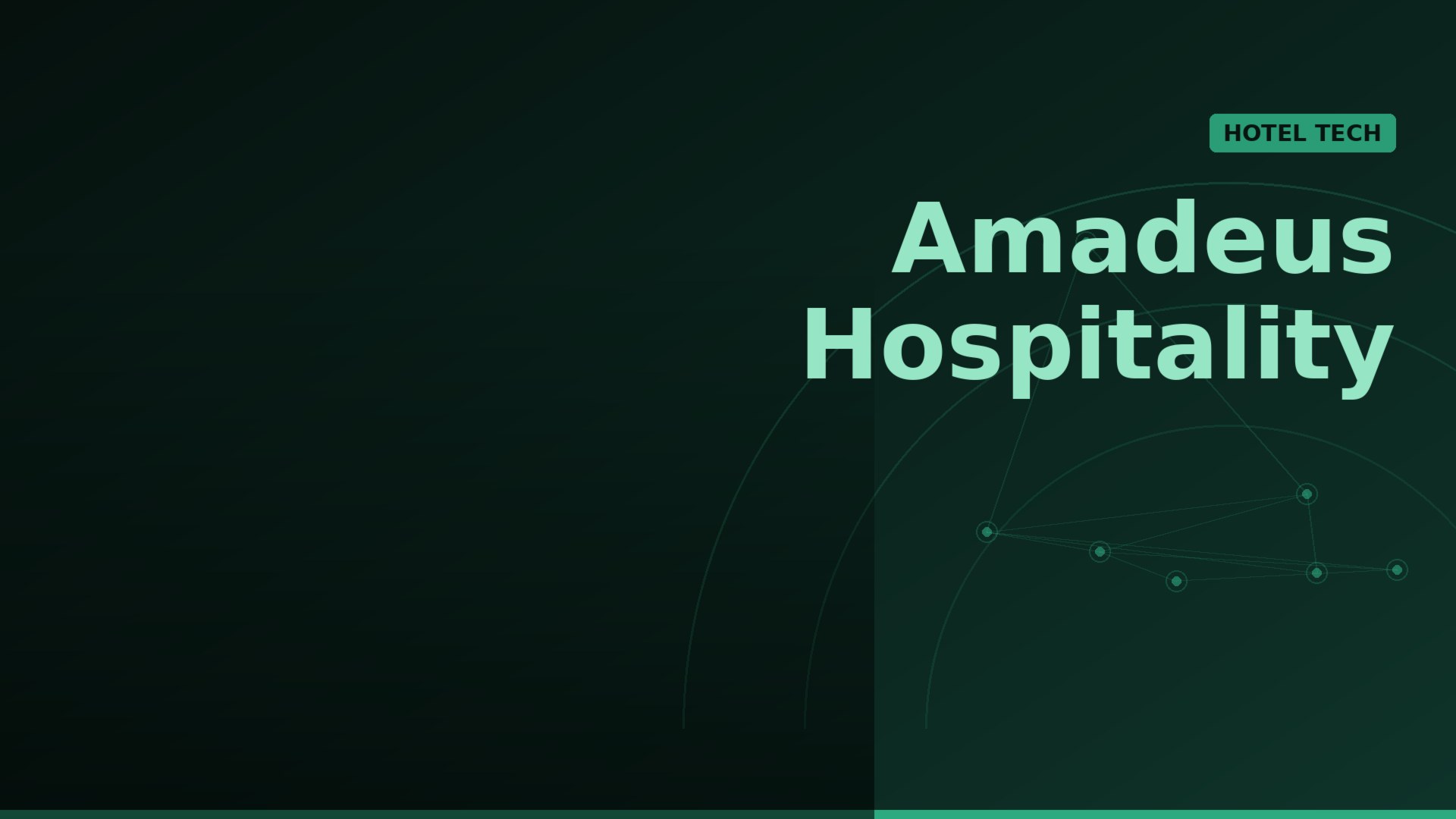 Promotional banner for Amadeus Hospitality with a teal 'Amadeus Hospitality' title and a green 'HOTEL TECH' badge on a dark green gradient background with network lines on the right.