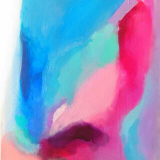 Abstract painting with bold blue and pink brushstrokes and purple accents forming an energetic color field